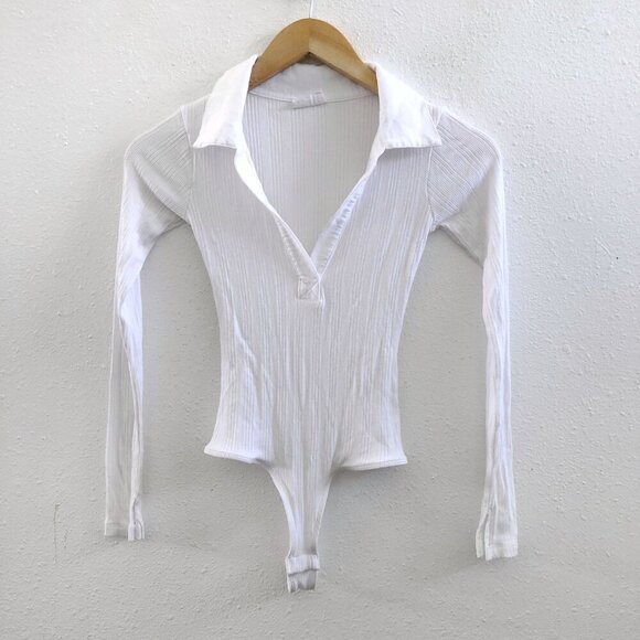 CLYQUE White Collared Rib Long Sleeve Bodysuit Size XS - Picture 1 of 6